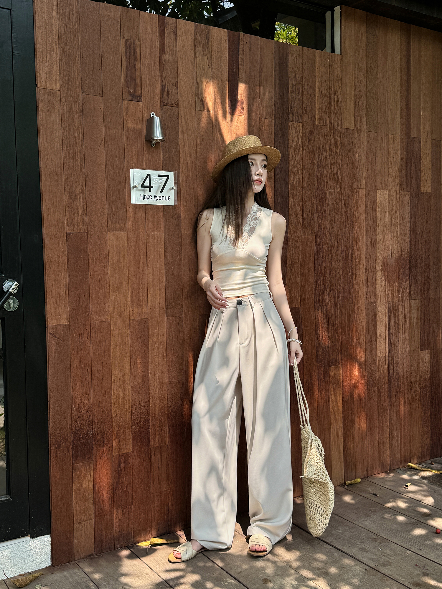 High-Waisted Loose Off-White Wide-Leg Pants for Women - Spring/Summer Floor-Length Draped Trousers in Light Fabric High-Waisted Loose Off-White Wide-Leg Pants for Women - Spring/Summer Floor-Length Draped Trousers in Light Fabric