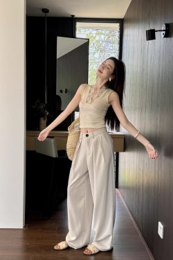 High-Waisted Loose Off-White Wide-Leg Pants for Women - Spring/Summer Floor-Length Draped Trousers in Light Fabric