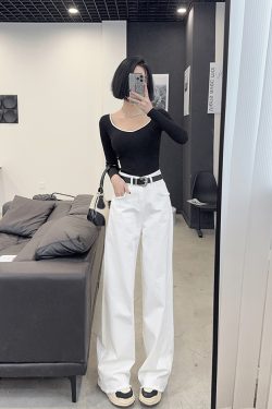 High-Waisted Loose Straight Wide-Leg White Jeans for Tall Women - Light Fabric Casual Pants for Spring and Autumn