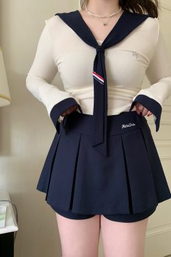 High-Waisted Navy Blue Skirt Pants, Retro American Haipai Academy Style, Slightly Chubby Fit, Trendy Y2K Fashion