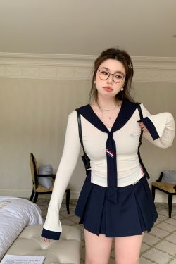 High-Waisted Navy Blue Skirt Pants, Retro American Haipai Academy Style, Slightly Chubby Fit, Trendy Y2K Fashion