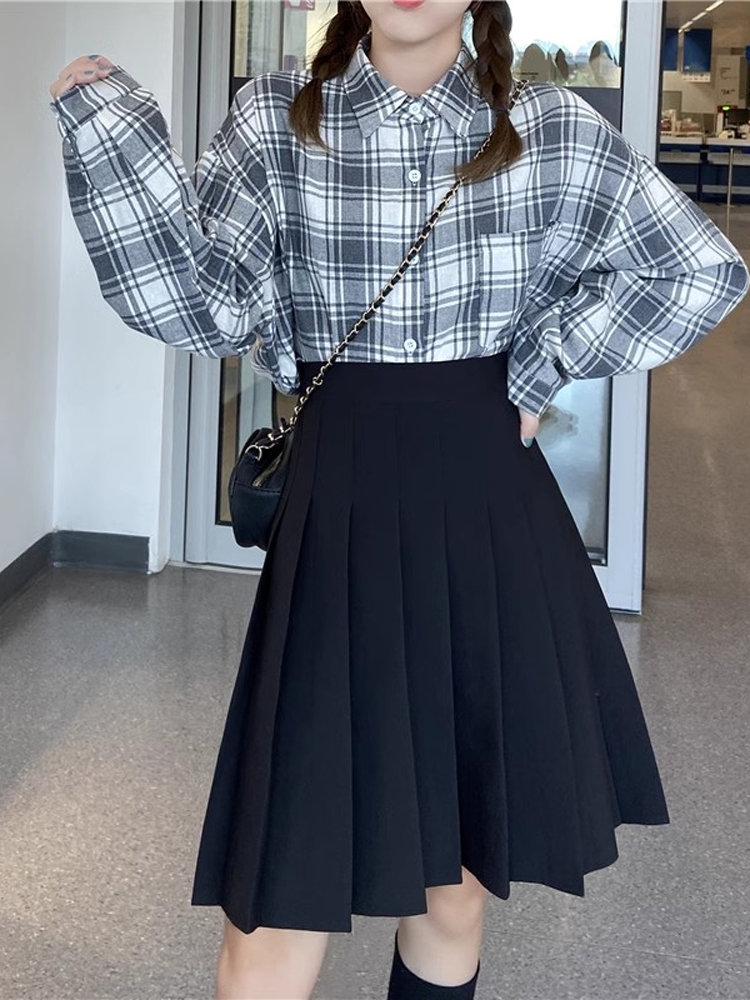 High-Waisted Pleated A-Line Skirt for Women - Mid-Length Plus Size, Flattering Curvy Fit, Spring Summer Fashion, Student-Friendly High-Waisted Pleated A-Line Skirt for Women - Mid-Length Plus Size, Flattering Curvy Fit, Spring Summer Fashion, Student-Friendly