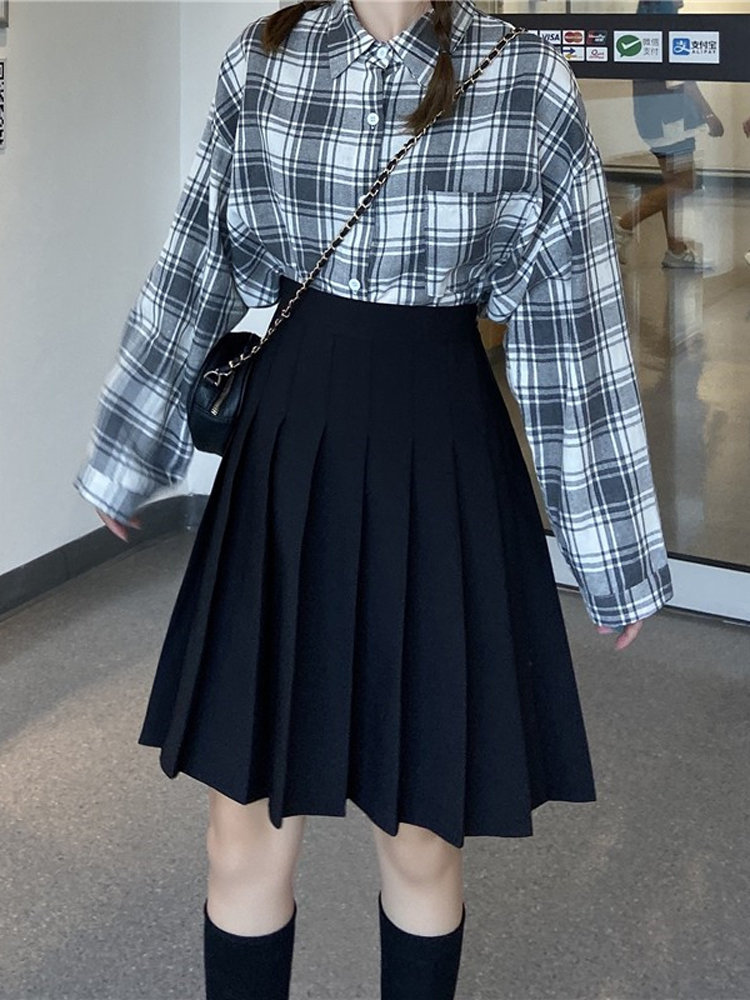 High-Waisted Pleated A-Line Skirt for Women - Mid-Length Plus Size, Flattering Curvy Fit, Spring Summer Fashion, Student-Friendly High-Waisted Pleated A-Line Skirt for Women - Mid-Length Plus Size, Flattering Curvy Fit, Spring Summer Fashion, Student-Friendly