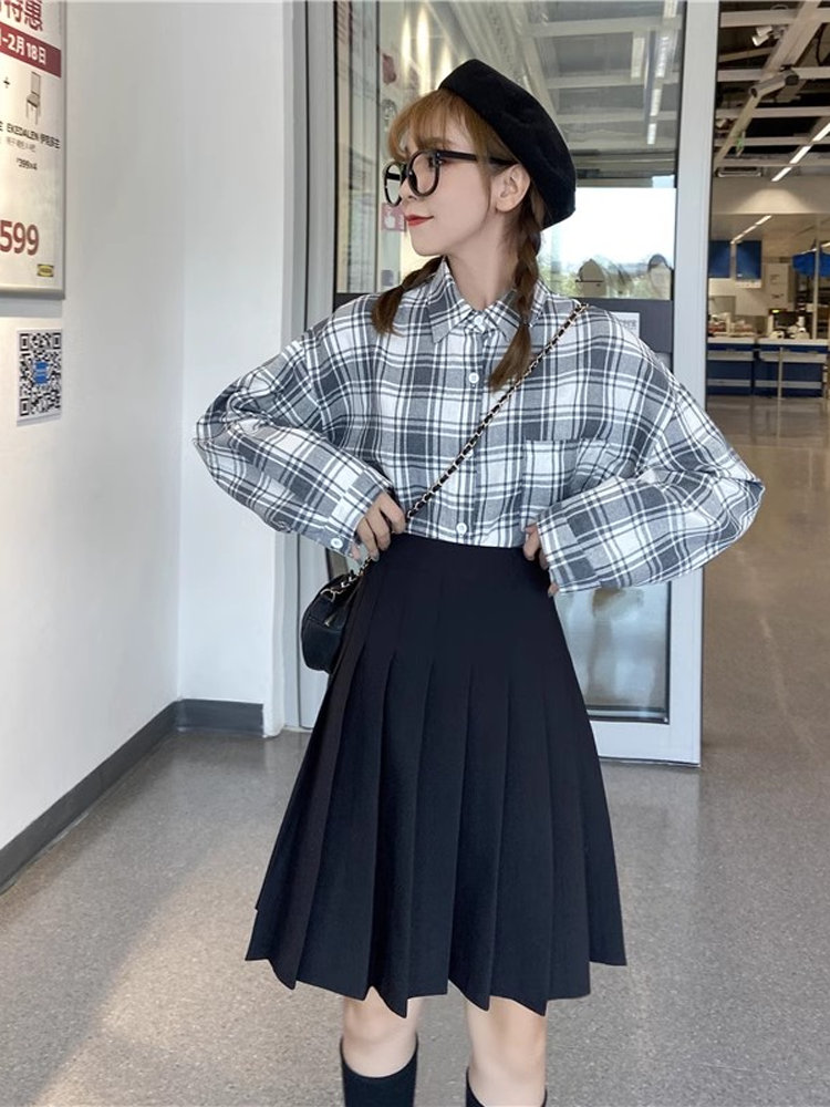 High-Waisted Pleated A-Line Skirt for Women - Mid-Length Plus Size, Flattering Curvy Fit, Spring Summer Fashion, Student-Friendly High-Waisted Pleated A-Line Skirt for Women - Mid-Length Plus Size, Flattering Curvy Fit, Spring Summer Fashion, Student-Friendly