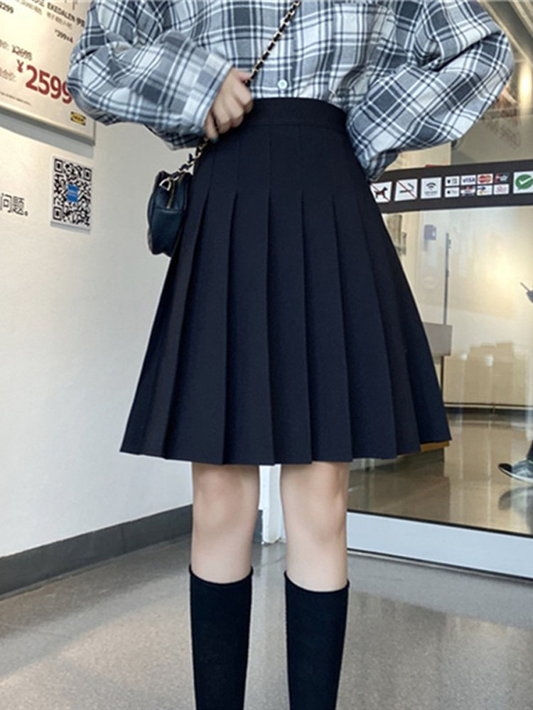 High-Waisted Pleated A-Line Skirt for Women - Mid-Length Plus Size, Flattering Curvy Fit, Spring Summer Fashion, Student-Friendly High-Waisted Pleated A-Line Skirt for Women - Mid-Length Plus Size, Flattering Curvy Fit, Spring Summer Fashion, Student-Friendly