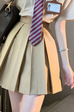 High-Waisted Pleated JK Uniform Skirt in Plaid - Solid Color Basic Style, Authentic 90s-Inspired Pudding Bear Aesthetic