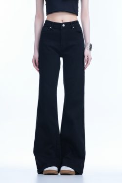 High-Waisted Retro Black Flared Jeans for Women, Slimming Floor-Length Summer Style, 90s Inspired Fashion