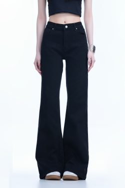 High-Waisted Retro Black Flared Jeans for Women, Slimming Floor-Length Summer Style, 90s Inspired Fashion