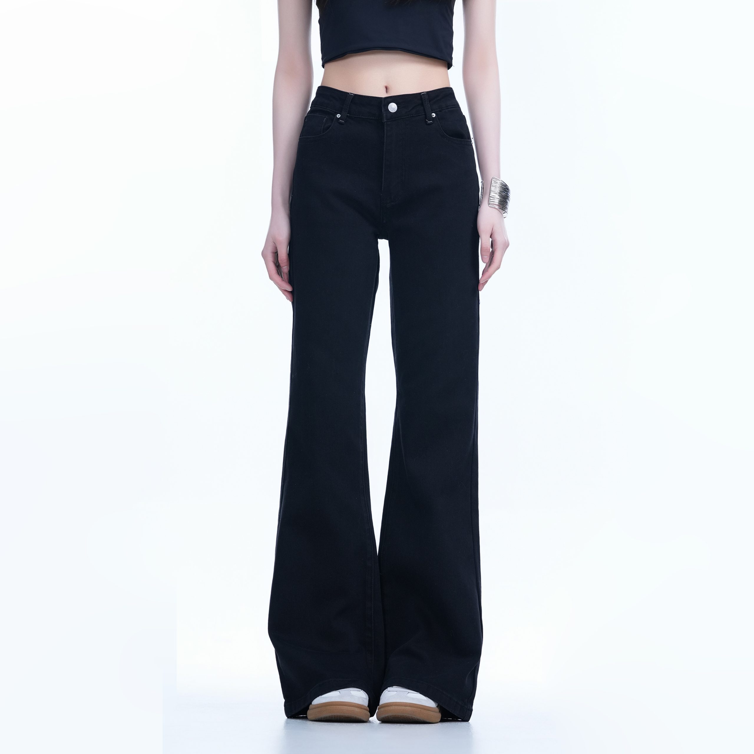 High-Waisted Retro Black Flared Jeans for Women, Slimming Floor-Length Summer Style, 90s Inspired Fashion High-Waisted Retro Black Flared Jeans for Women, Slimming Floor-Length Summer Style, 90s Inspired Fashion
