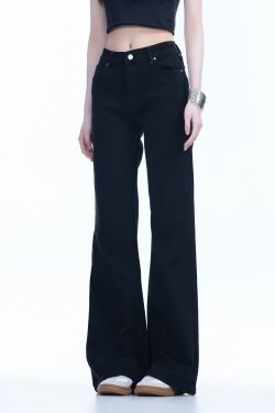 High-Waisted Retro Black Flared Jeans for Women, Slimming Floor-Length Summer Style, 90s Inspired Fashion