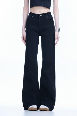 High-Waisted Retro Black Flared Jeans for Women, Slimming Floor-Length Summer Style, 90s Inspired Fashion