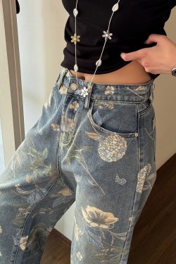 High-Waisted Retro Printed Wide-Leg Jeans for Women - Lightweight Draped Floor-Length Pants for Tall Individuals