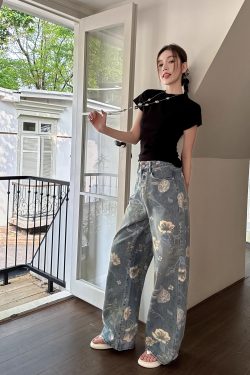 High-Waisted Retro Printed Wide-Leg Jeans for Women - Lightweight Draped Floor-Length Pants for Tall Individuals