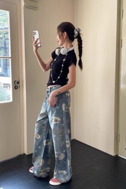 High-Waisted Retro Printed Wide-Leg Jeans for Women - Lightweight Draped Floor-Length Pants for Tall Individuals