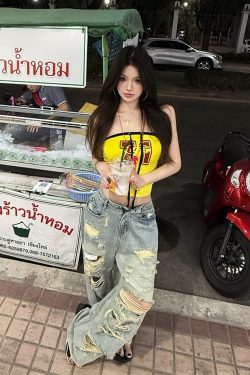 High-Waisted Ripped Jeans for Women - Summer Slim Fit Wide-Leg Pants - Trendy 90s Style Hot Girl Fashion