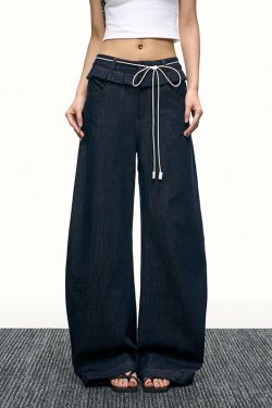High-Waisted Ruffled Wide-Leg Floor-Length Jeans for Women - Deep Blue Washed Summer Style, Trendy Y2K Fashion