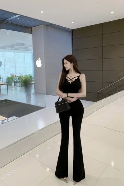High-Waisted Slim Black Floor-Length V-Waist Slightly Flared Pants for Women - Trendy Y2K Style Trousers