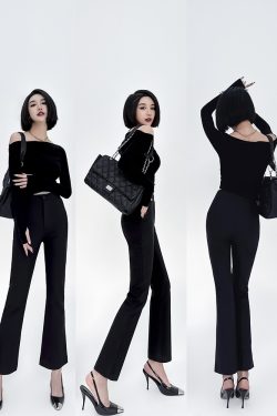 High-Waisted Slim Black Nine-Point Trousers for Women - Lightweight Flared Pants in Korean Style for Spring, Autumn, and Summer