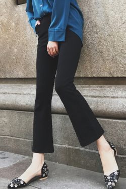 High-Waisted Slim Black Nine-Point Trousers for Women - Lightweight Flared Pants in Korean Style for Spring, Autumn, and Summer