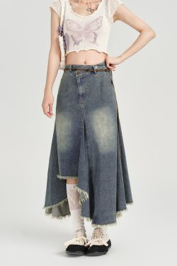High-Waisted Slim Fit Vintage Denim Skirt for Women - Irregular Hem, Summer Style, Retro Fashion