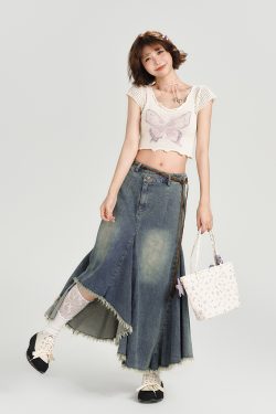 High-Waisted Slim Fit Vintage Denim Skirt for Women - Irregular Hem, Summer Style, Retro Fashion