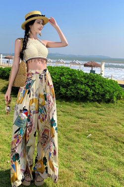 High-Waisted Split Wide-Leg Beach Pants for Women - Lightweight Sun-Protective Chiffon Vacation Trousers, Loose Draped Style