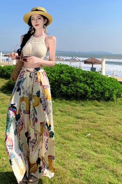 High-Waisted Split Wide-Leg Beach Pants for Women - Lightweight Sun-Protective Chiffon Vacation Trousers, Loose Draped Style