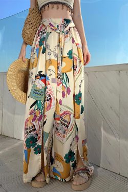 High-Waisted Split Wide-Leg Beach Pants for Women - Lightweight Sun-Protective Chiffon Vacation Trousers, Loose Draped Style