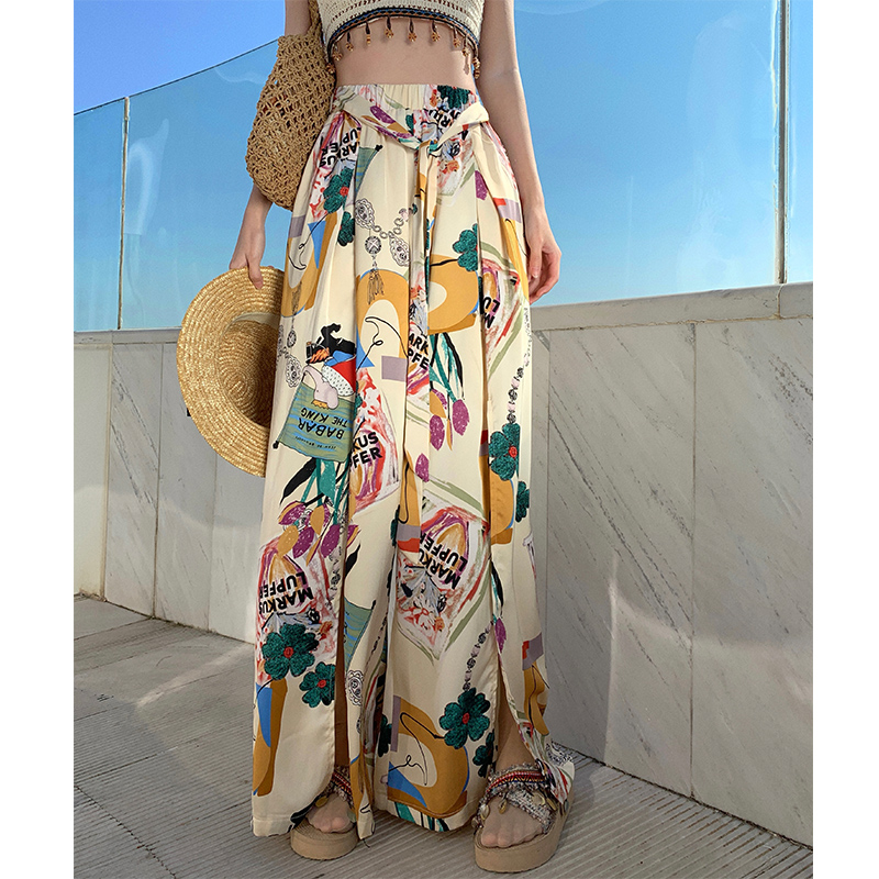 High-Waisted Split Wide-Leg Beach Pants for Women - Lightweight Sun-Protective Chiffon Vacation Trousers, Loose Draped Style High-Waisted Split Wide-Leg Beach Pants for Women - Lightweight Sun-Protective Chiffon Vacation Trousers, Loose Draped Style