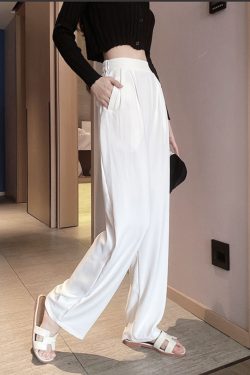 High-Waisted Straight-Leg Anti-Wrinkle Floor-Length Pants with Loose Fit and Pockets for Women - Casual Spring Summer 2025 Style