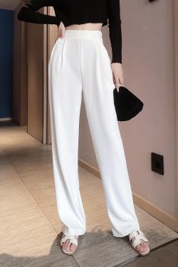 High-Waisted Straight-Leg Anti-Wrinkle Floor-Length Pants with Loose Fit and Pockets for Women - Casual Spring Summer 2025 Style