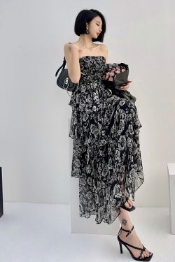 High-Waisted Strapless Summer Dress in Light Chiffon - Printed Long Skirt for Vacation, Trendy High-End Fashion