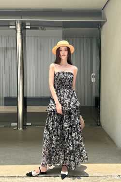 High-Waisted Strapless Summer Dress in Light Chiffon - Printed Long Skirt for Vacation, Trendy High-End Fashion