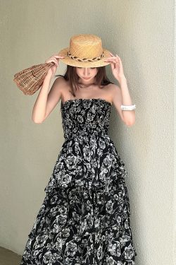 High-Waisted Strapless Summer Dress in Light Chiffon - Printed Long Skirt for Vacation, Trendy High-End Fashion