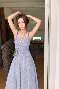 High-Waisted Striped Summer Dress with Spaghetti Straps - Casual Fairy-Like Slim Fit Long Dress in Light Fabric Fashion