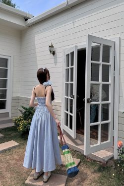 High-Waisted Striped Summer Dress with Spaghetti Straps - Casual Fairy-Like Slim Fit Long Dress in Light Fabric Fashion