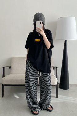 High-Waisted Striped Wide-Leg Casual Pants with Sun Grapefruit Print - Trendy Spring Summer Style for Women