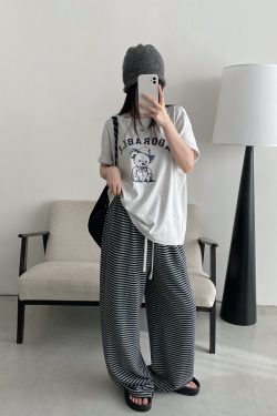 High-Waisted Striped Wide-Leg Casual Pants with Sun Grapefruit Print - Trendy Spring Summer Style for Women