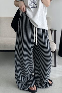 High-Waisted Striped Wide-Leg Casual Pants with Sun Grapefruit Print - Trendy Spring Summer Style for Women