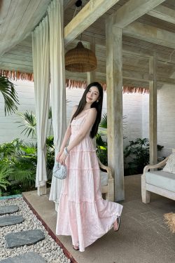 High-Waisted V-Neck Camisole Dress in Light Cotton with Heavy Embroidery and Flowy Skirt for Summer Vacation - Trendy and Chic