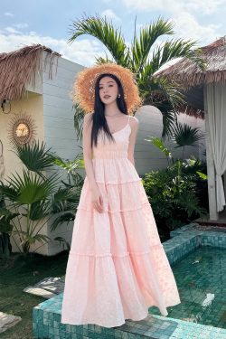 High-Waisted V-Neck Camisole Dress in Light Cotton with Heavy Embroidery and Flowy Skirt for Summer Vacation - Trendy and Chic