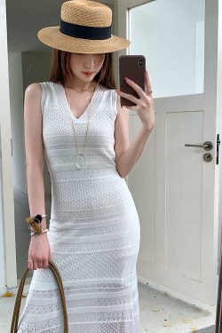 High-Waisted V-Neck Tencel Knit Hollow Dress - Slim Fit Long Skirt for Women, Perfect for Spring and Summer Style