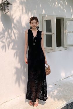High-Waisted V-Neck Tencel Knit Hollow Dress - Slim Fit Long Skirt for Women, Perfect for Spring and Summer Style