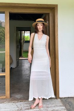 High-Waisted V-Neck Tencel Knit Hollow Dress - Slim Fit Long Skirt for Women, Perfect for Spring and Summer Style