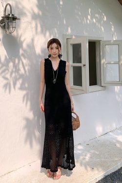 High-Waisted V-Neck Tencel Knit Hollow Dress - Slim Fit Long Skirt for Women, Perfect for Spring and Summer Style