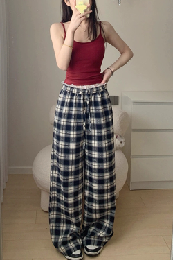 High-Waisted Vintage Plaid Casual Pants with Drawstring - American Style Slim-Fit Wide-Leg Design