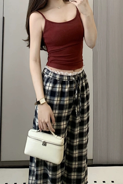 High-Waisted Vintage Plaid Casual Pants with Drawstring - American Style Slim-Fit Wide-Leg Design