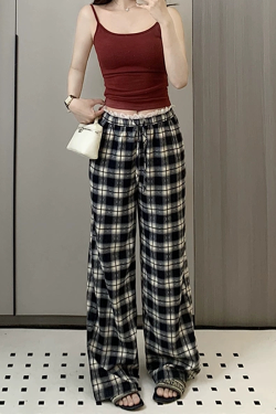 High-Waisted Vintage Plaid Casual Pants with Drawstring - American Style Slim-Fit Wide-Leg Design