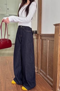 High-Waisted Wide-Leg Jeans for Women - Light Fabric, Deep Blue, Retro American Style, Casual Spring Fashion