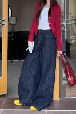 High-Waisted Wide-Leg Jeans for Women - Light Fabric, Deep Blue, Retro American Style, Casual Spring Fashion